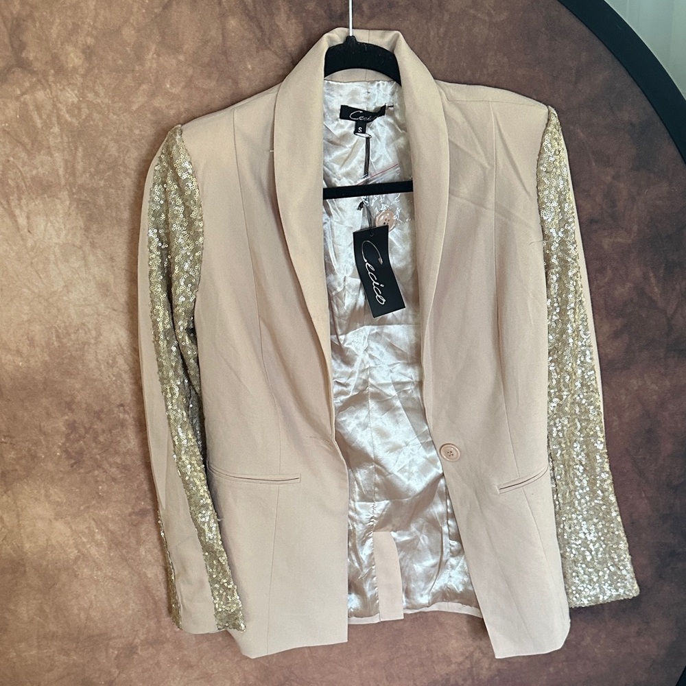 Cecico Cream Blazer with Gold Sequin Sleeves